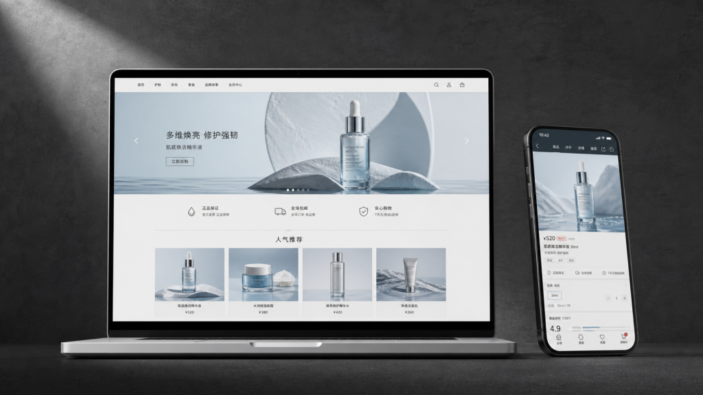 冷灰背景前的笔记本与手机样机，屏幕显示同质化的护肤品电商首页和拥挤商品页。